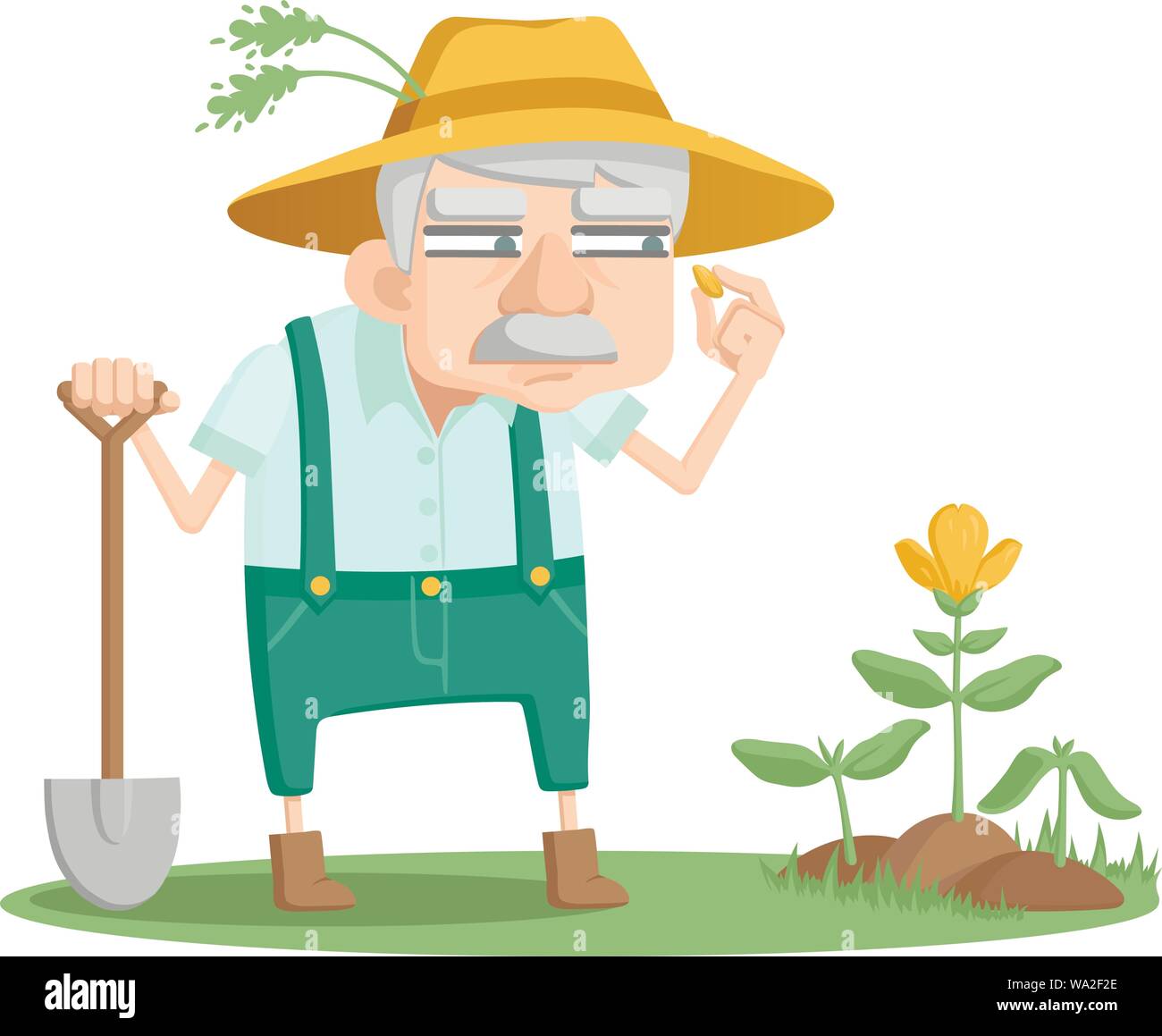 The curious gardener at work. An old man is looking over his garden Stock Vector