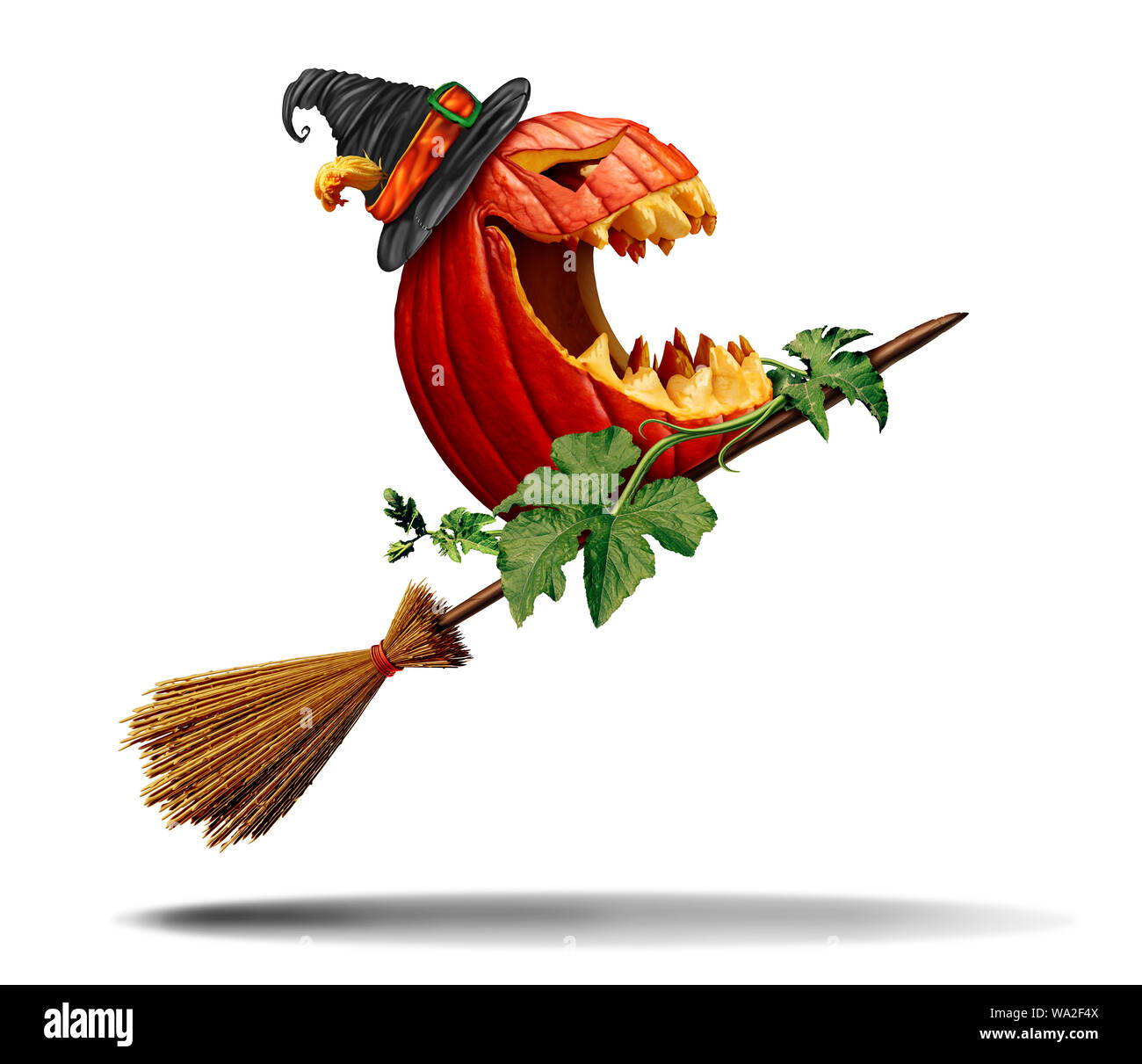 Halloween pumpkin and witch broom as an old magical besom for a magical jack o lantern as a symbol for fall and autumn festive communication. Stock Photo