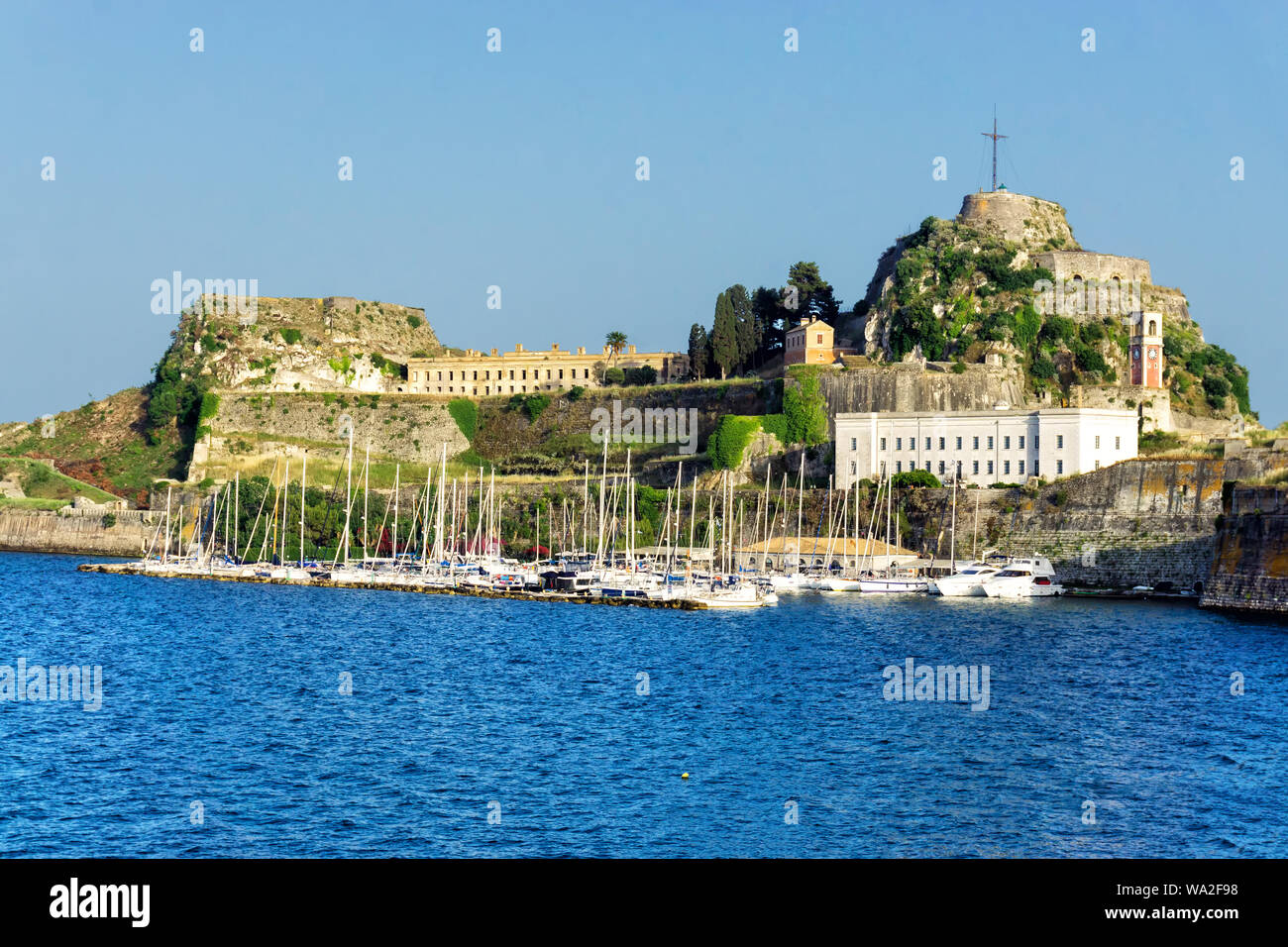 Old fortress with boats in Corfu Town (Kerkyra), Corfu Greece Stock Photo