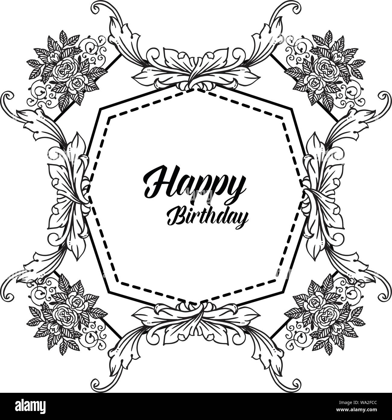 Frame branches leaves, with pattern flowers, for card happy birthday ...