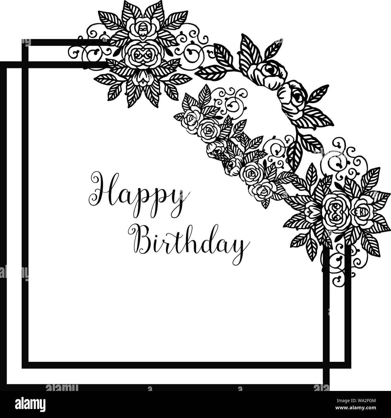 Frame Branches Leaves With Pattern Flowers For Card Happy Birthday
