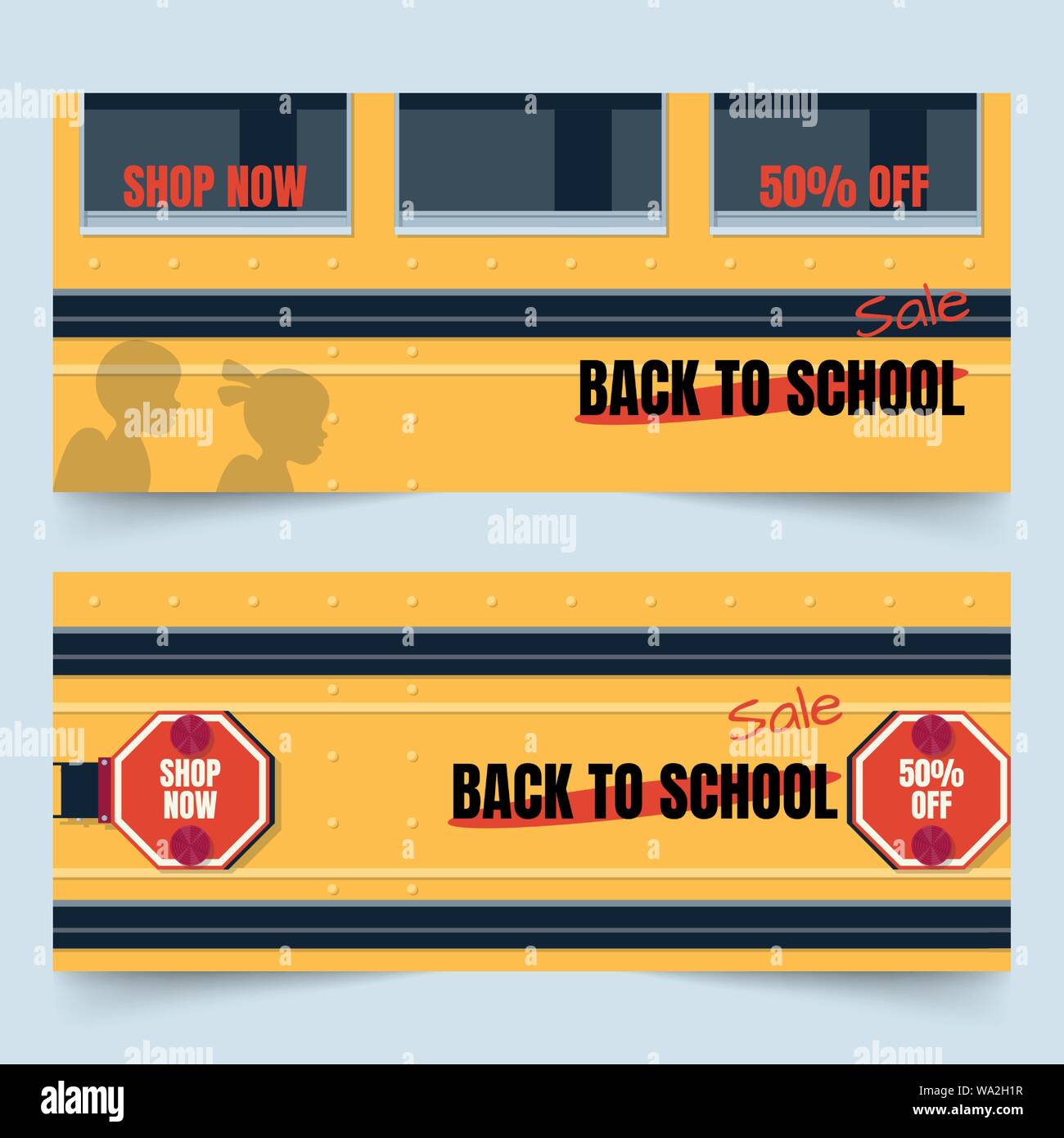 Back to school banners with side part of yellow school bus, stop signs, windows and children shadow Stock Vector