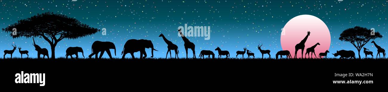 Silhouettes of wild animals of the African savannah. Set of different wild animals of Africa. African animals against the starry sky and the rising su Stock Vector