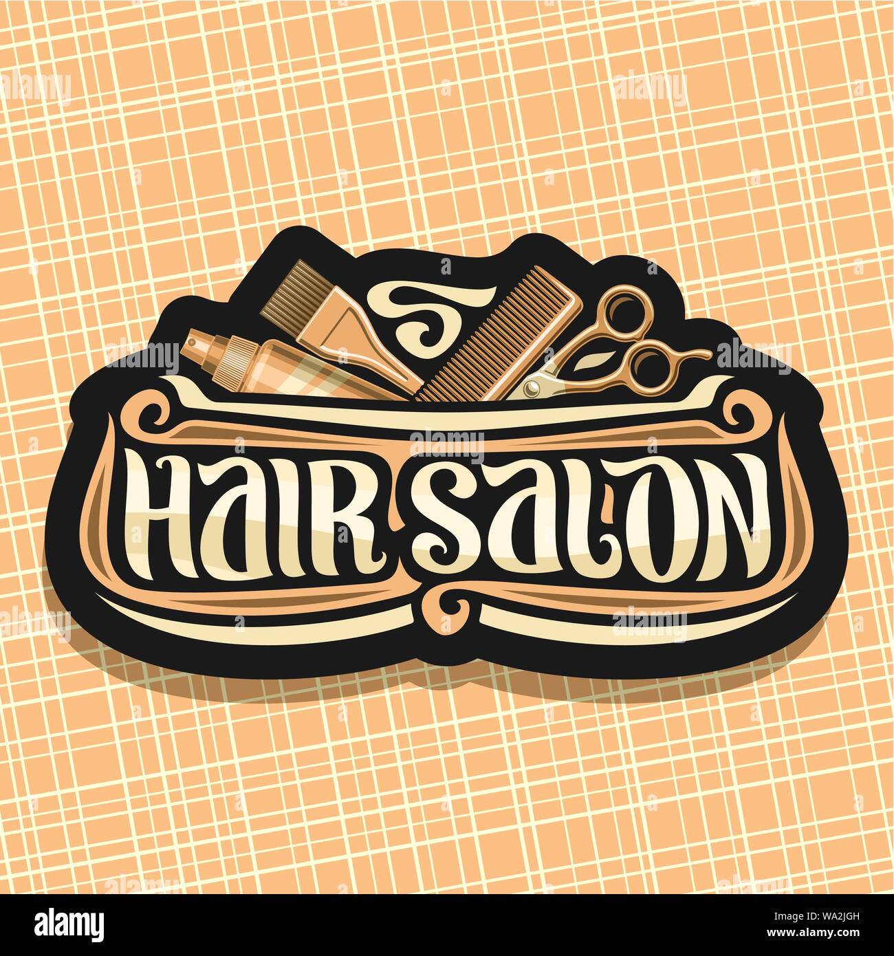 Vector logo for Hair Salon, black signage with hairdresser professional equipment, original brush typeface for words hair salon, design signboard with Stock Vector