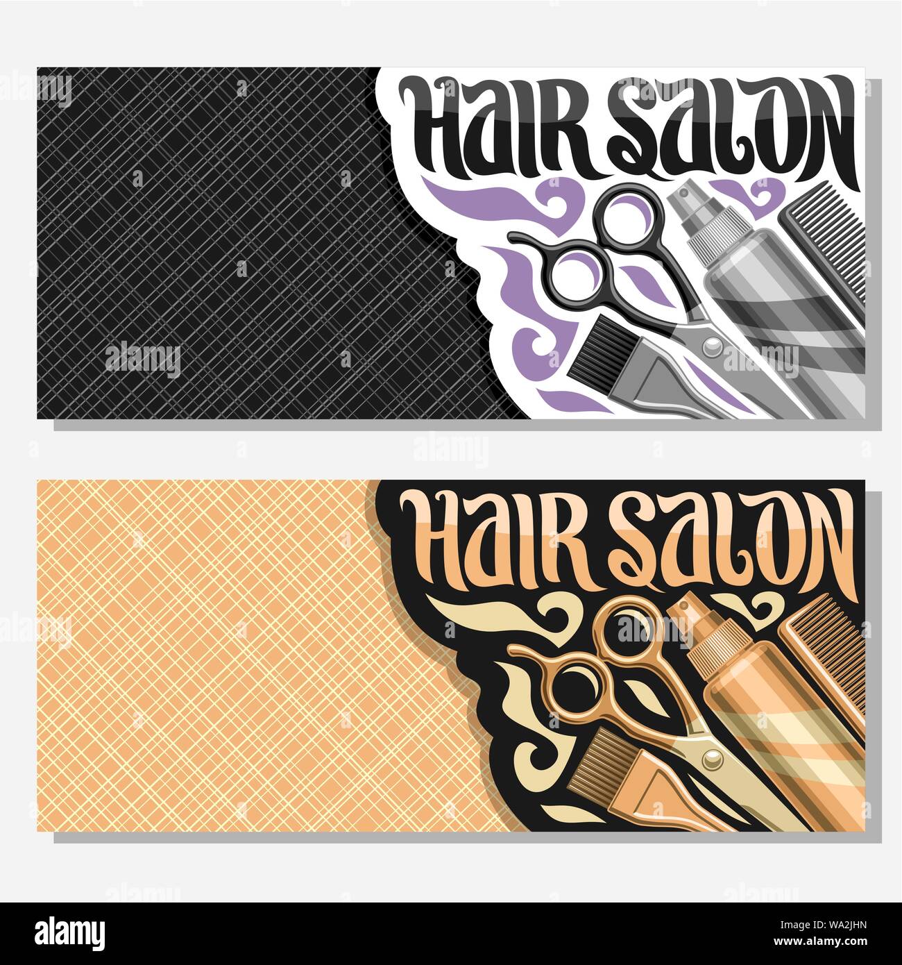 Vector banners for Hair Salon with copy space, templates with hairdresser professional equipment, original brush typeface for words hair salon, coupon Stock Vector