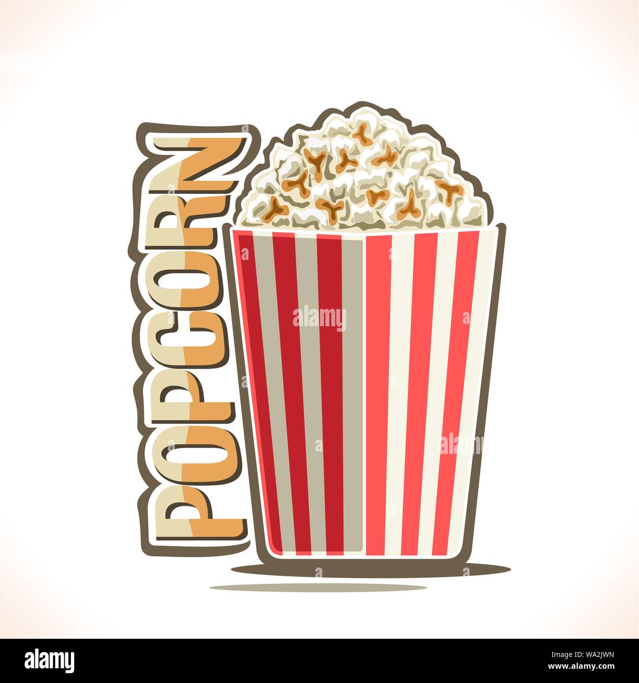 Vector poster for Popcorn, red striped cardboard bucket filled salty