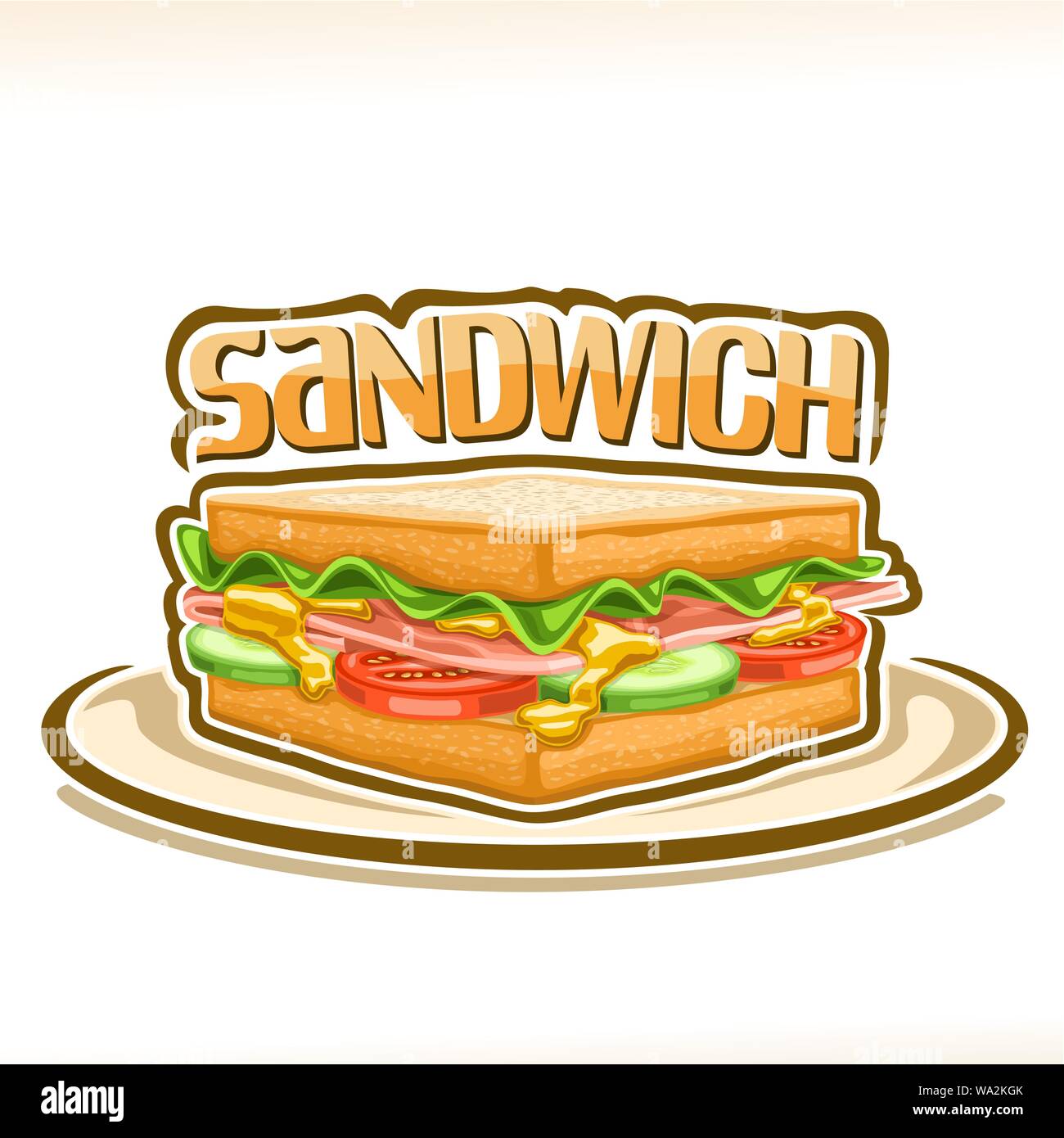 Vector poster for Sandwich, between square slices of wheat bread fresh lettuce, french ham, tomato and cucumber, original typeface for word sandwich, Stock Vector