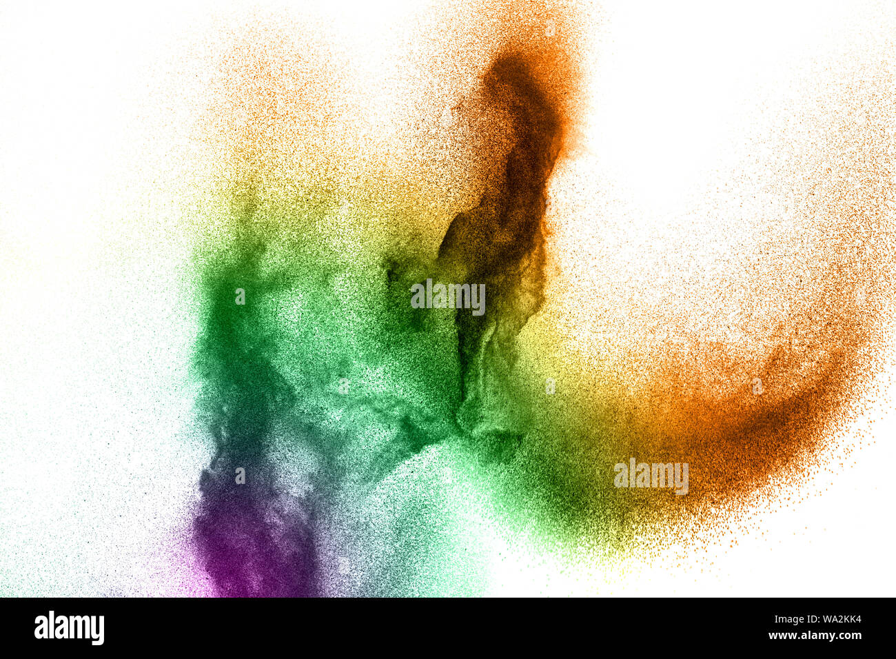 Abstract colorful dust particles textured background.Multicolored particles explosion on white background. Stock Photo