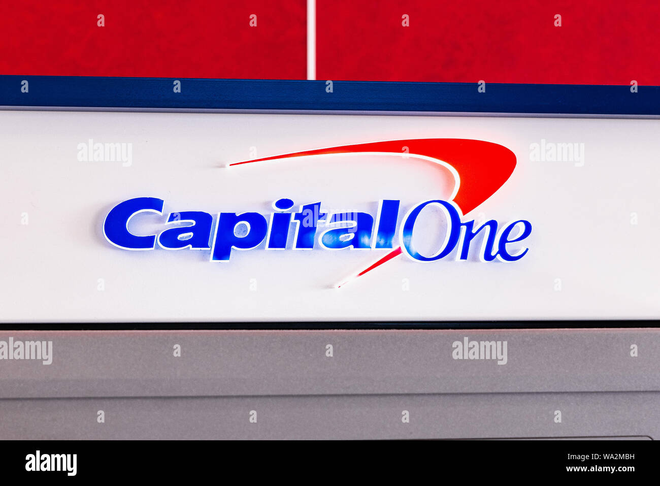 August 16, 2019 Sunnyvale / CA / USA - CapitalOne logo displayed on an ATM; Capital One Financial Corporation is a bank holding company Stock Photo