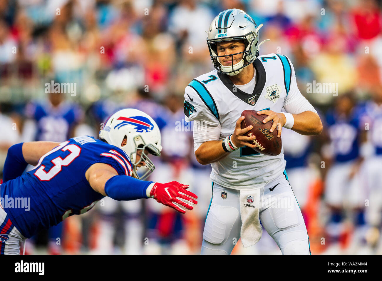 Charlotte, North Carolina, USA. 16th Aug, 2019. Carolina Panthers running  back Christian McCaffrey (22) before the preseason NFL football game  between the Buffalo Bills and the Carolina Panthers on Friday August 16