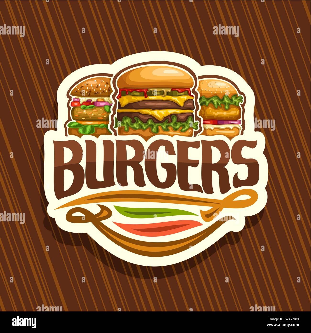 Vector logo for Burgers, white sign with cheeseburger, fresh