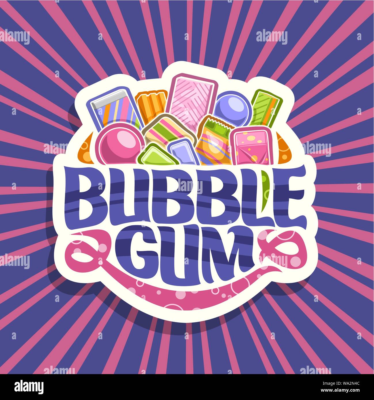 Vector Logo For Bubble Gum White Sign With Pile Of Colorful Chewing Bubblegums And Fruit Gummy Candies Original Brush Typeface For Words Bubble Gum Stock Vector Image Art Alamy