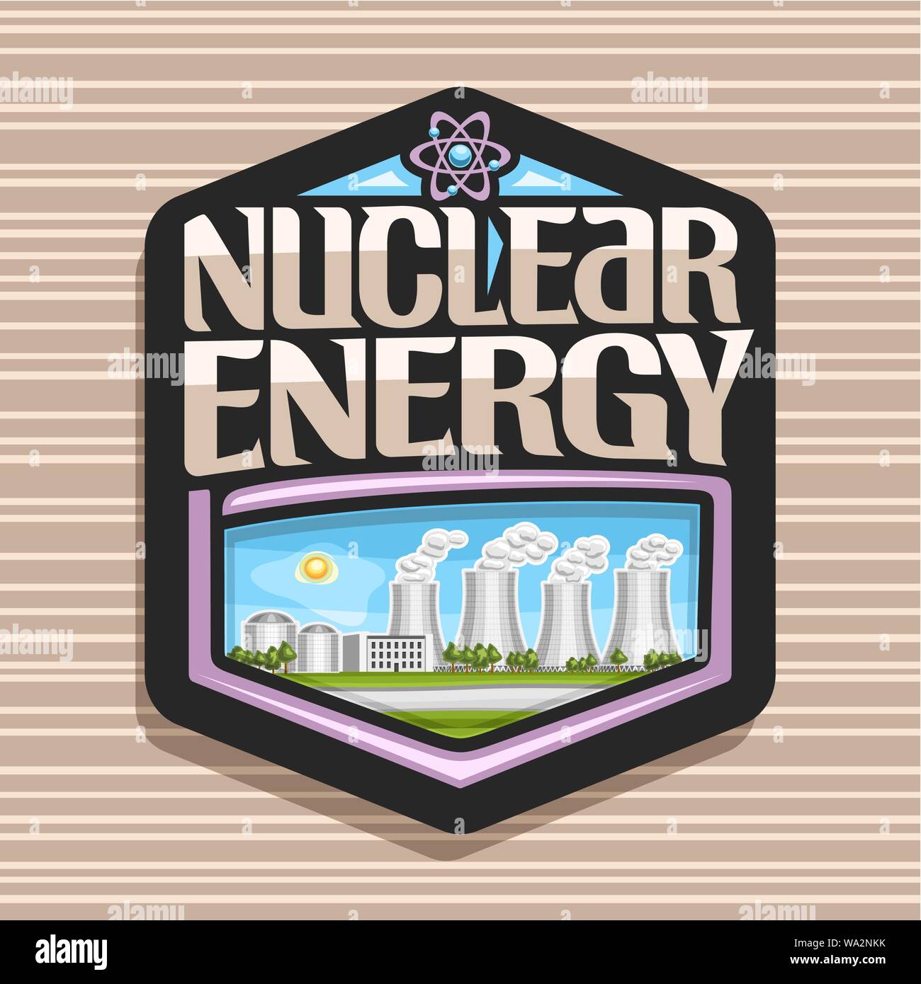 Vector logo for Nuclear Energy, dark hexagonal sticker with innovation atomic power station, original lettering for words nuclear energy, illustration Stock Vector