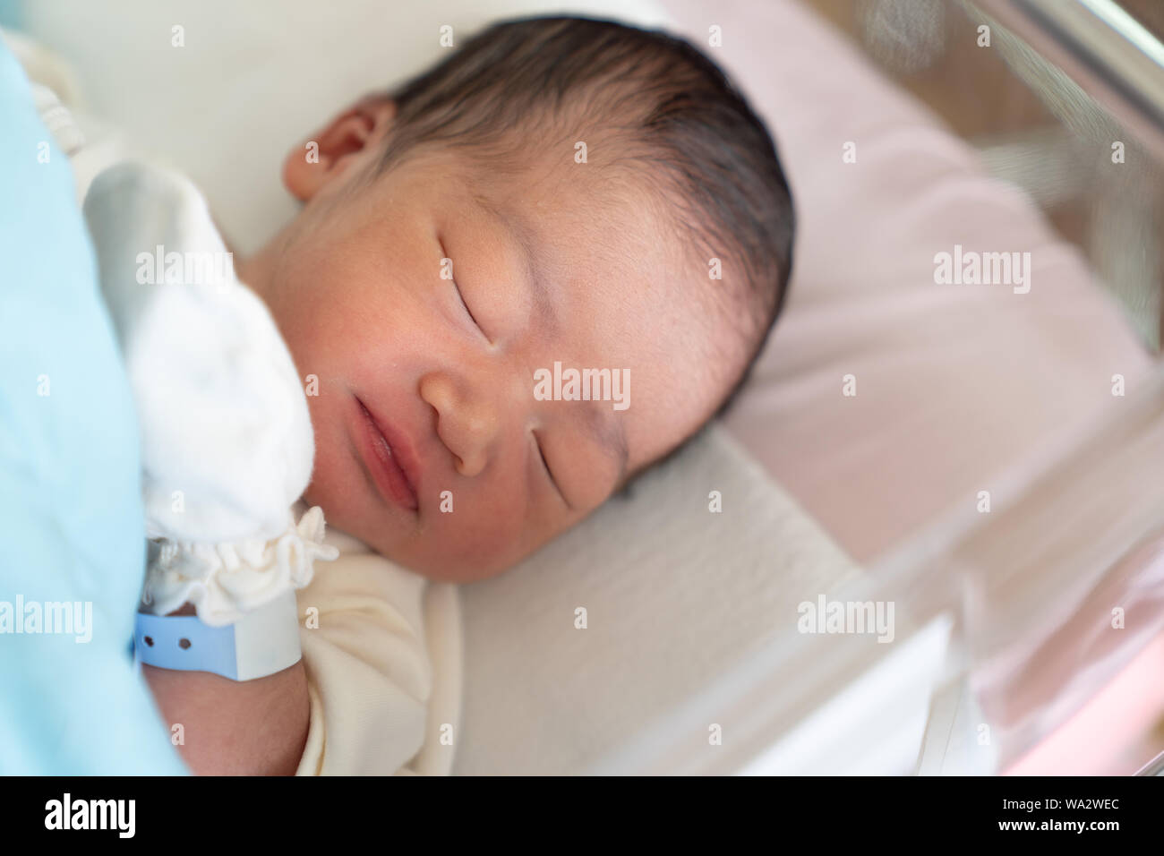 Asian big newborn baby at hospital first day of life, inside hospital crib after birth. Close up new born baby. Stock Photo