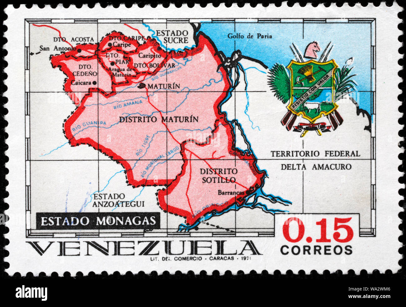 Map of Monagas state, postage stamp, Venezuela, 1971 Stock Photo