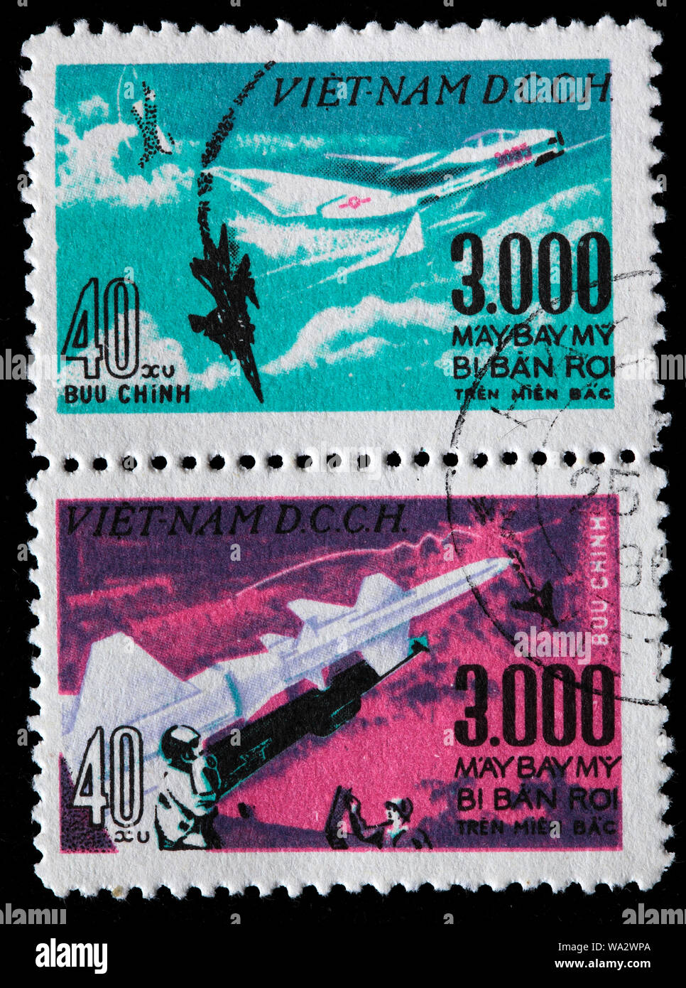 3000th US aircraft brought down over North Vietnam, Vietnam war, postage stamp, Vietnam, 1968 Stock Photo
