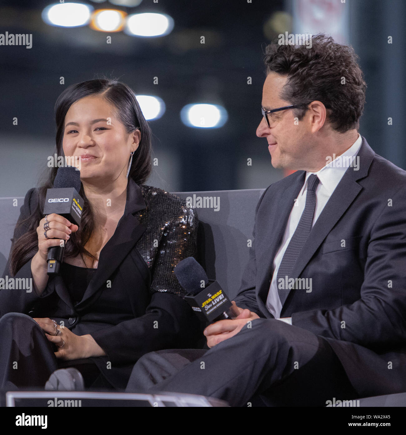 Kelly Marie Tran and JJ Abrams are interviewed on 'The Star Wars Show' at Star Wars Celebration for The Rise of Skywalker Stock Photo