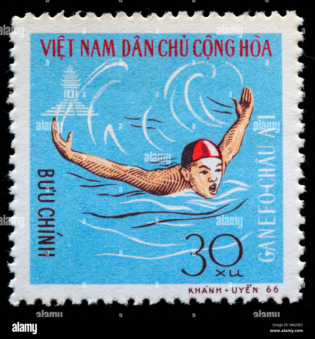 Swimming, GANEFO Asian Games, postage stamp, Vietnam, 1966 Stock Photo