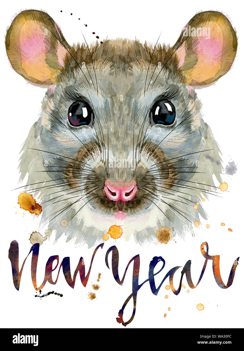 Cute rat with the inscription new year for t-shirt graphics. Watercolor rat illustration Stock Photo