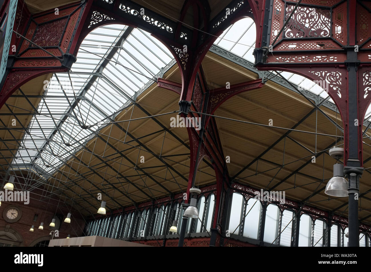 Roof of Bolton Market Place converted into a modern shopping mall while retaining the Victorian ironwork of the original Market Hall photo DON TONGE Stock Photo