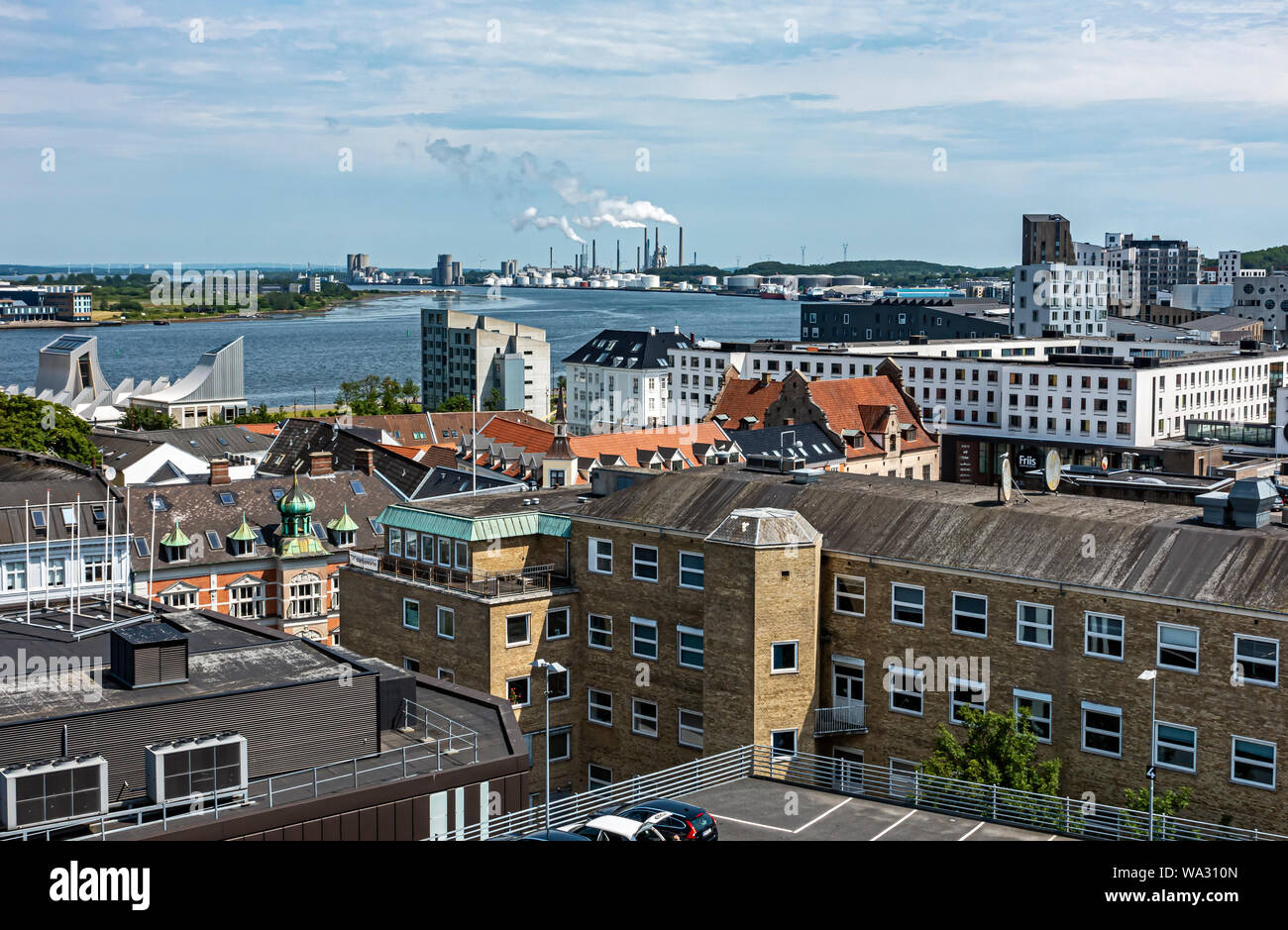 View from newly constructed Salling Roof Top above Salling department store in Aalborg Denmark Europe looking towards Limfjorden and harbour Stock Photo