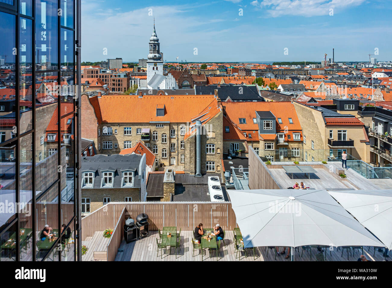 View from newly constructed Salling Roof Top above Salling department store in Aalborg Denmark Europe with Budolfi Kirke Stock Photo