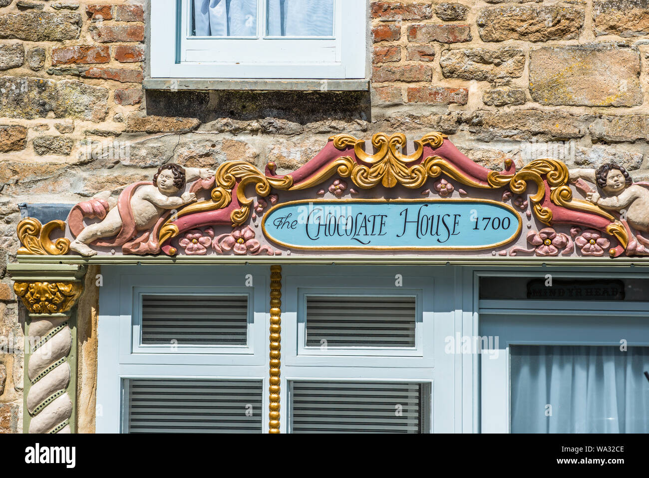 The Chocolate House rococo-style ornate fascia c1700 in Chapel Street Penzance Cornwall UK Stock Photo