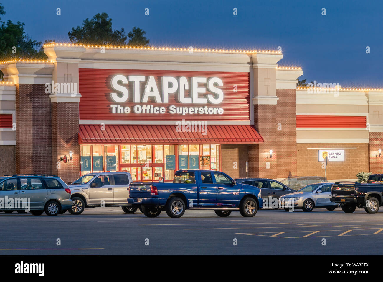 NEW HARTFORD, NEW YORK - AUG 16, 2019: Staples Location. Staples is a multinational retain office supply chain with over 1500 location in the US. Stock Photo