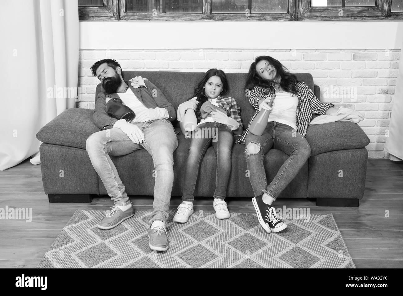 Finish cleaning. Cleaning all day exhausting occupation. Tired parents