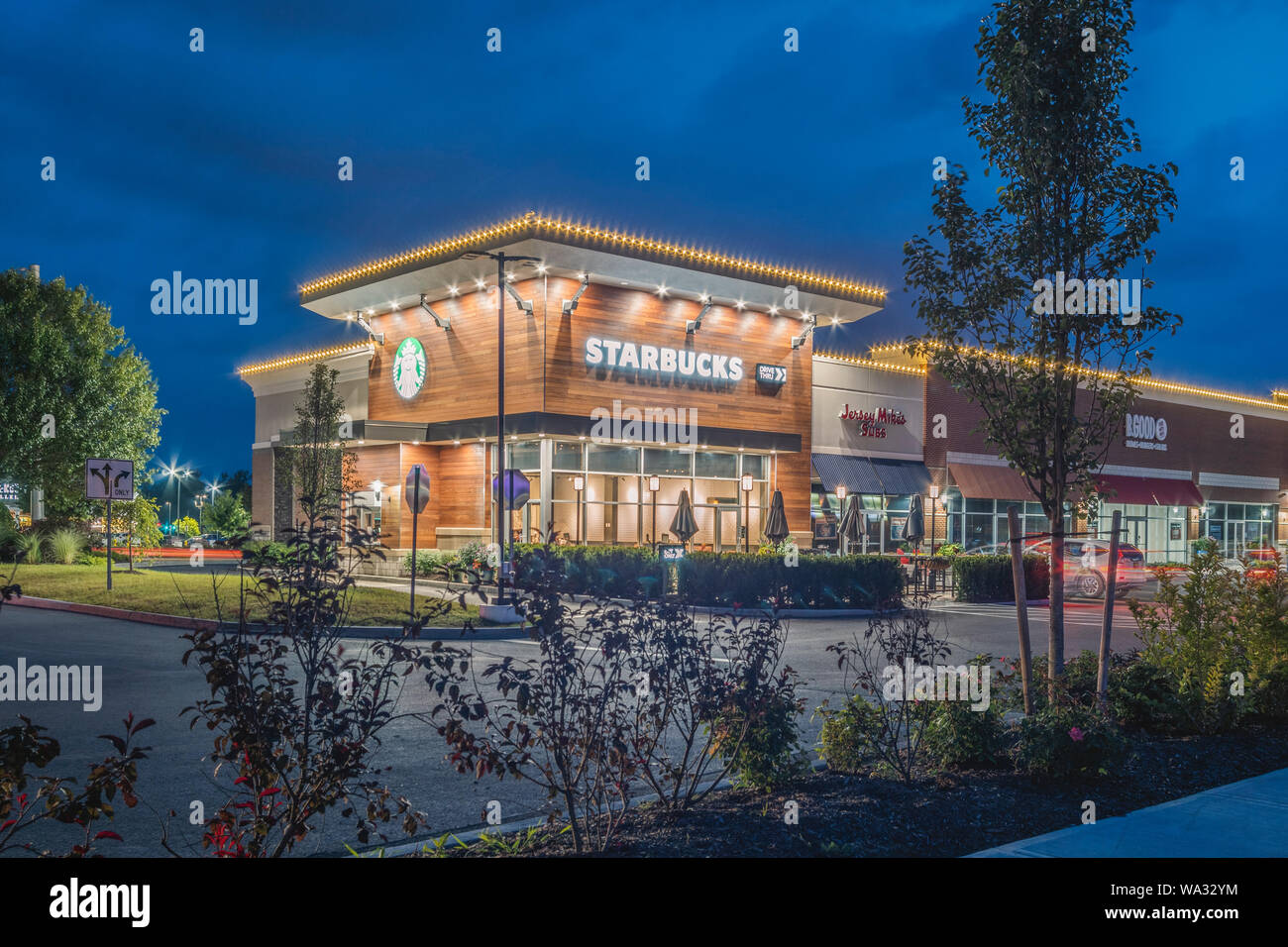NEW HARTFORD, NEW YORK - AUG 16, 2019: Starbucks Coffee is an American chain of coffee shops, founded in Seattle. Stock Photo