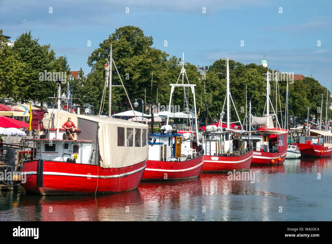 Warnemunde harbour, boats moored in Old Canal, Warnemünde Alter Strom, Rostock Germany Stock Photo