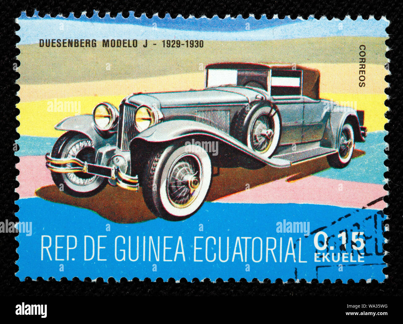 History of transport, car Duesenberg J, (1929-1930), postage stamp, Equatorial Guinea, 1977 Stock Photo