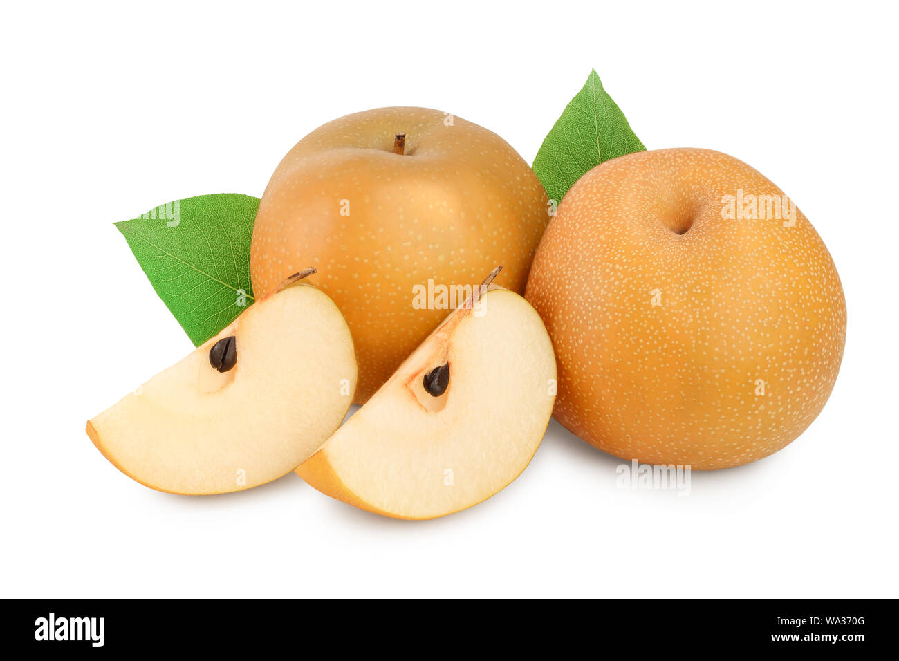 Fresh asian pears with leaf isolated on white background. Stock Photo
