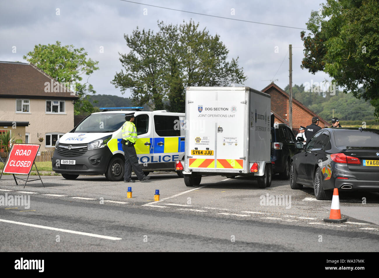 Police officers remain at the scene, near Sulhamstead, Berkshire, where Thames Valley Police officer Pc Andrew Harper, 28, died following a 'serious incident' at about 11.30pm on Thursday near the A4 Bath Road, between Reading and Newbury, at the village of Sulhamstead in Berkshire. Stock Photo