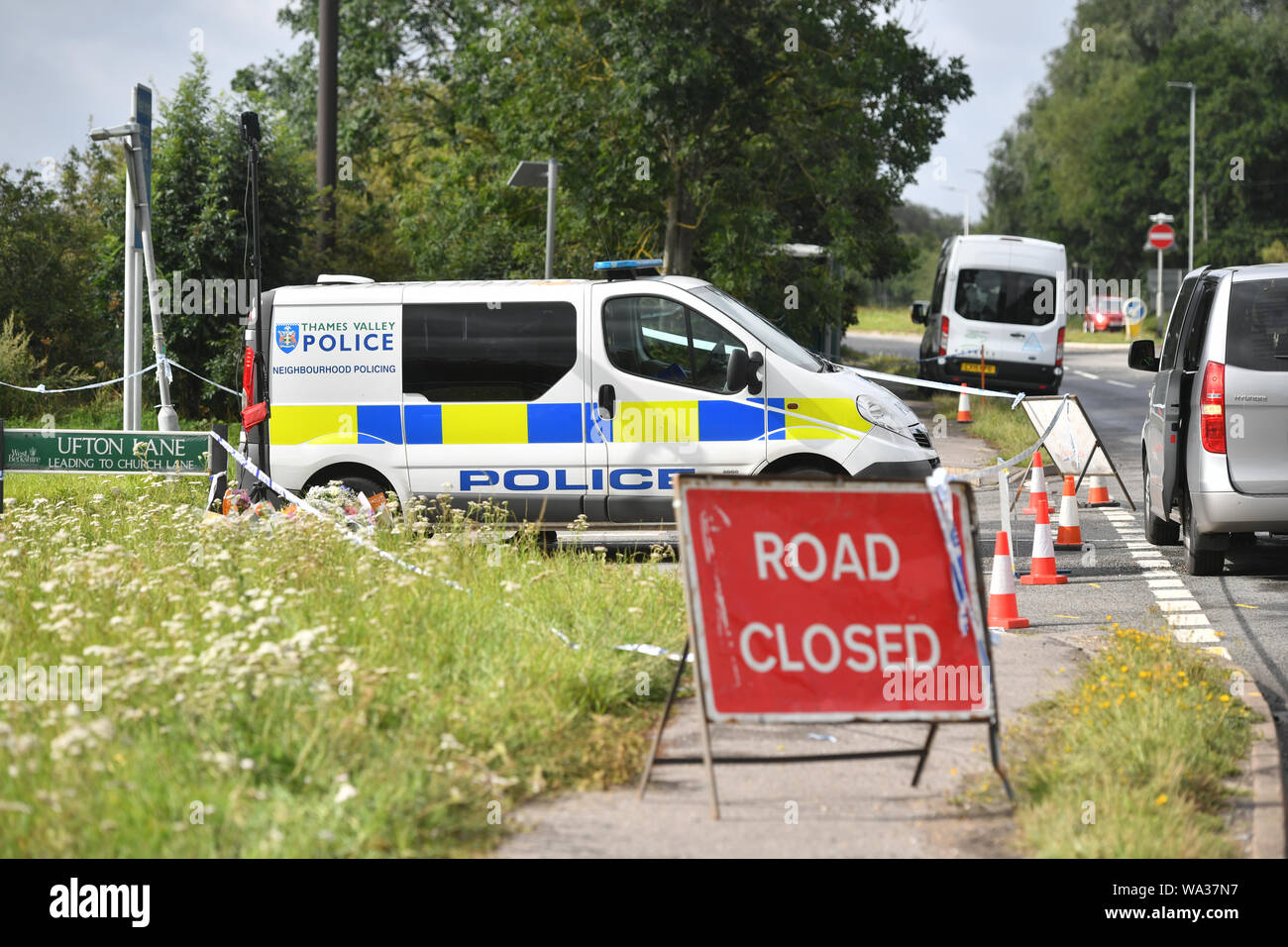 Police officers remain at the scene on Ufton Lane, near Sulhamstead, Berkshire, where Thames Valley Police officer Pc Andrew Harper, 28, died following a 'serious incident' at about 11.30pm on Thursday near the A4 Bath Road, between Reading and Newbury, at the village of Sulhamstead in Berkshire. Stock Photo