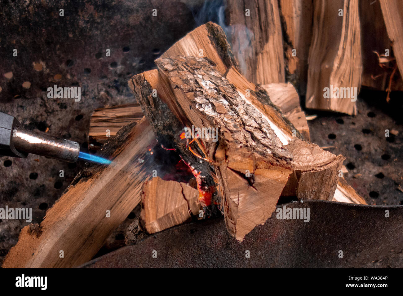Fireplace Kindling Of Chopped Wood Logs By Gas Torch Method Of Firing At Camping Outdoor Close Up Image Of Burning Woods And Flamethrower Head Stock Photo Alamy