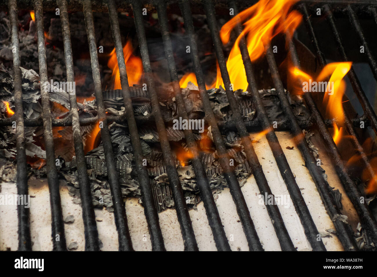 Wire rack on fireplace. Flame, burning paper and ash close up image. Concept of the brevity of life Stock Photo