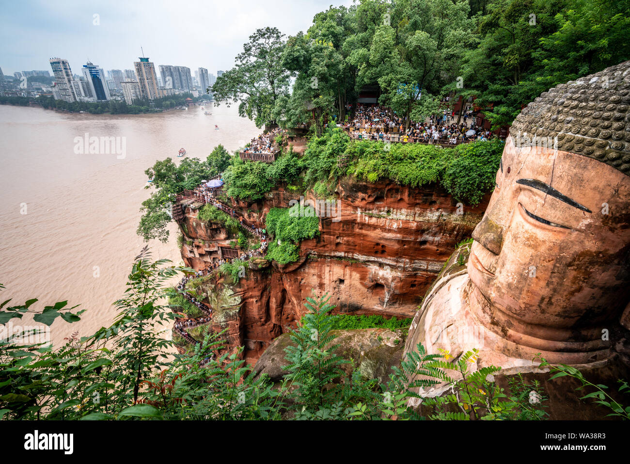 Wide angle top view of Leshan Giant Buddha or Dafo in Leshan Sichuan China Stock Photo