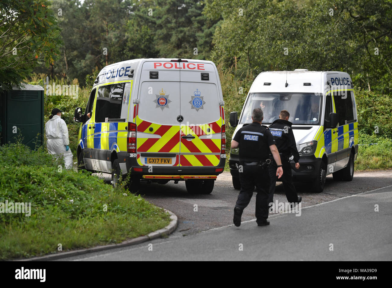 Police at a caravan site near Burghfield Common in Berkshire, following the death of Thames Valley Police officer Pc Andrew Harper, 28, who died following a 'serious incident' at about 11.30pm on Thursday near the A4 Bath Road, between Reading and Newbury, at the village of Sulhamstead in Berkshire. Stock Photo