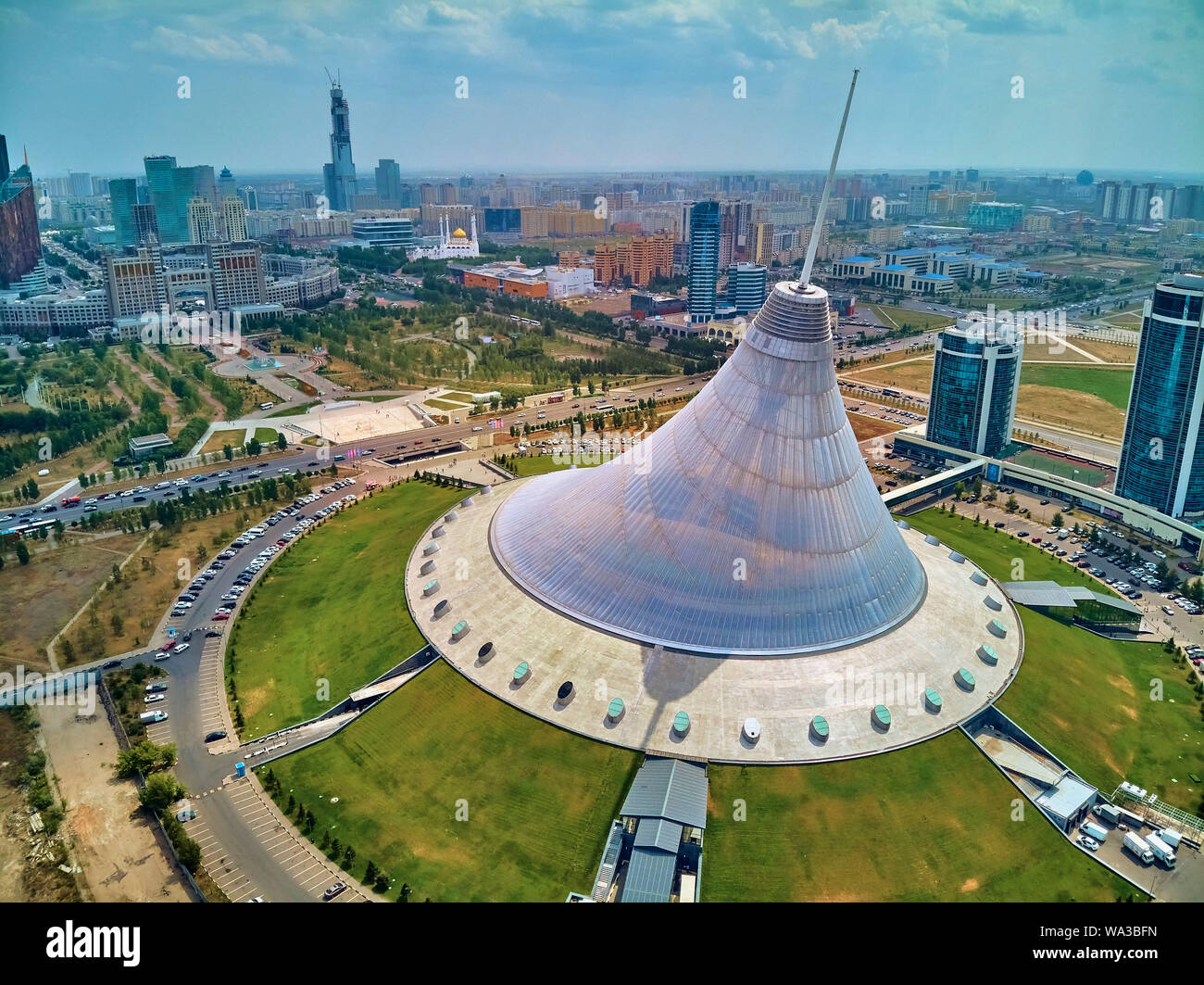 NUR-SULTAN, KAZAKHSTAN (QAZAQSTAN) - July 29, 2019: Beautiful panoramic aerial drone view to Nursultan (Astana) city center with skyscrapers and Khan Stock Photo