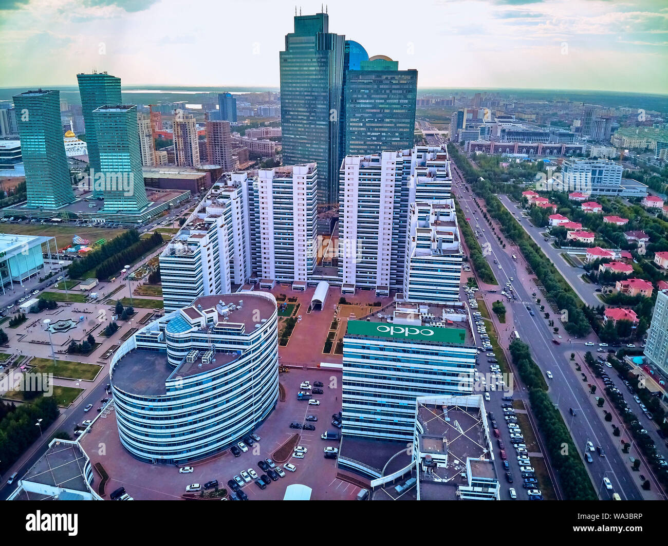 NUR-SULTAN, KAZAKHSTAN (QAZAQSTAN) - July 29, 2019: Beautiful panoramic aerial drone view to Nursultan (Astana) city center with skyscrapers and Baite Stock Photo