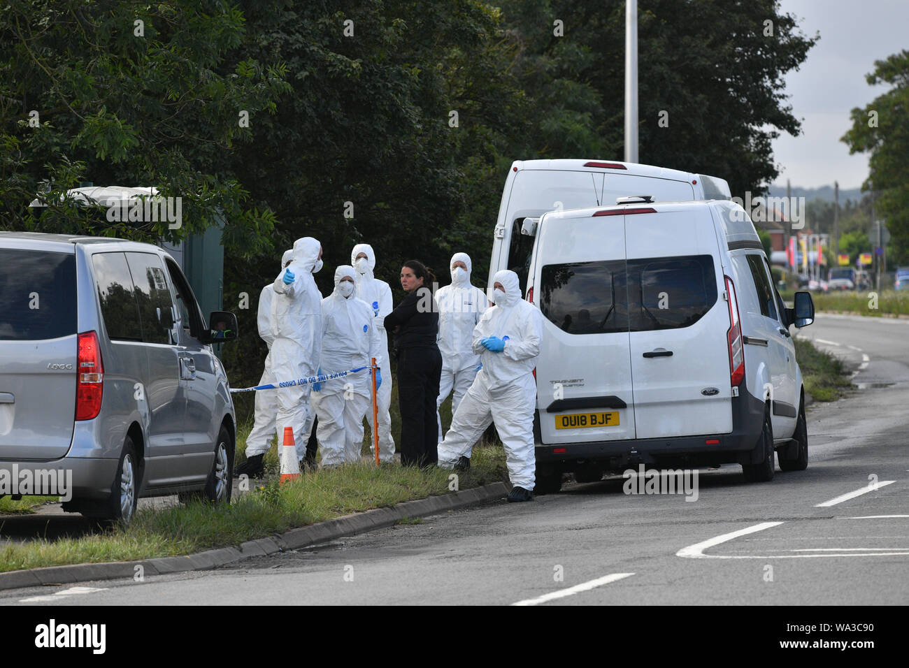 Police forensic officers at the scene, where Thames Valley Police officer Pc Andrew Harper, 28, died following a 'serious incident' at about 11.30pm on Thursday near the A4 Bath Road, between Reading and Newbury, at the village of Sulhamstead in Berkshire. Stock Photo