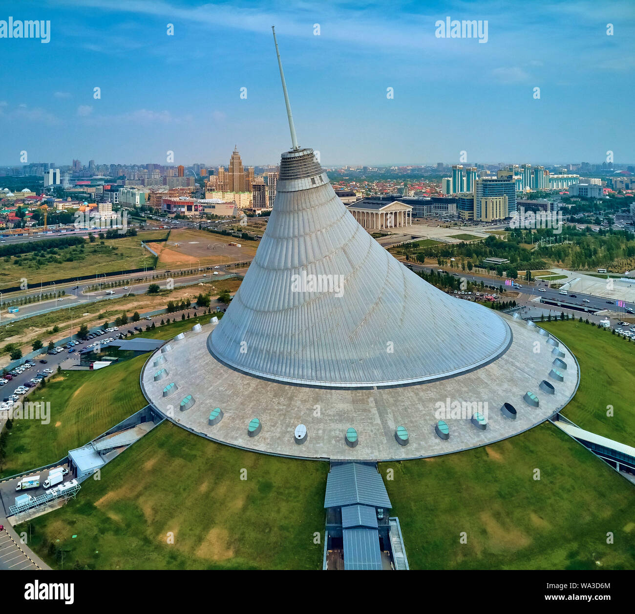 NUR-SULTAN, KAZAKHSTAN (QAZAQSTAN) - July 29, 2019: Beautiful panoramic aerial drone view to Nursultan (Astana) city center with skyscrapers and Khan Stock Photo