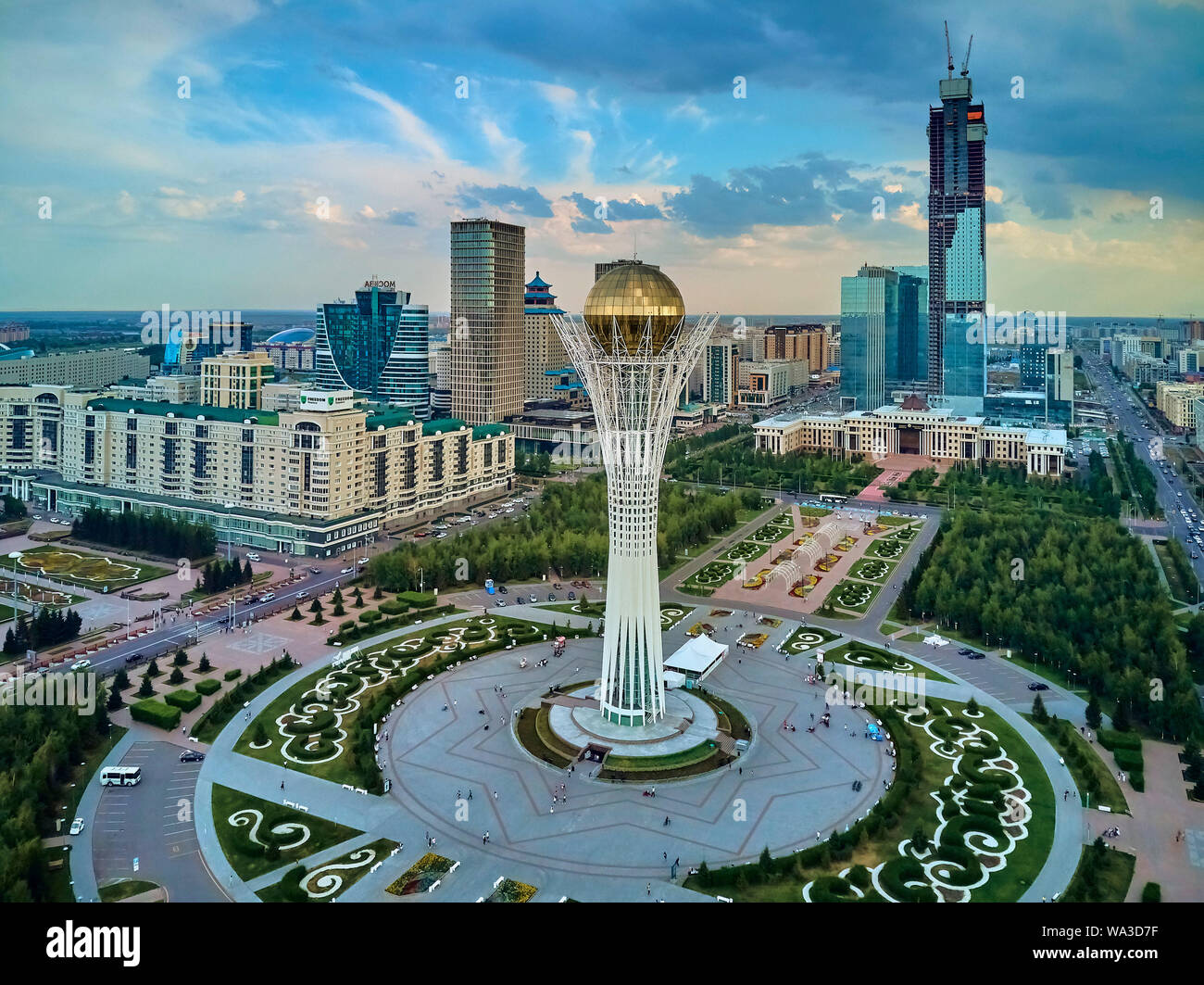 NUR-SULTAN, KAZAKHSTAN (QAZAQSTAN) - July 29, 2019: Beautiful panoramic aerial drone view to Nursultan (Astana) city center with skyscrapers and Baite Stock Photo