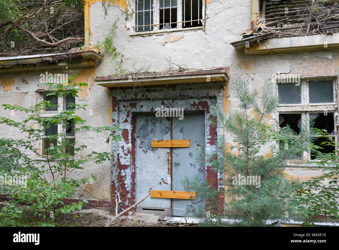 Closed door at former historical army barracks, built for the German army, abandoned by the Russian army in 1994 in Germany Stock Photo