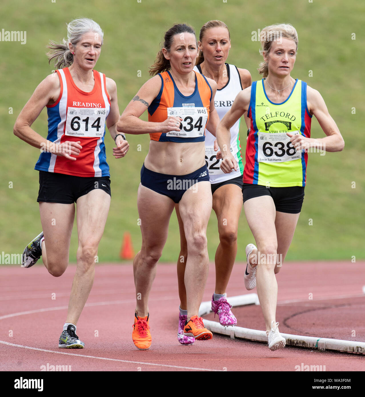 BIRMINGHAM - ENGLAND 10 AUG 2019: L-R Susan Francis (614) Ashling Smith (634) Tracy Hinxman (621) Lucie Tait-Harris (638) W45 competing in the 1500m o Stock Photo
