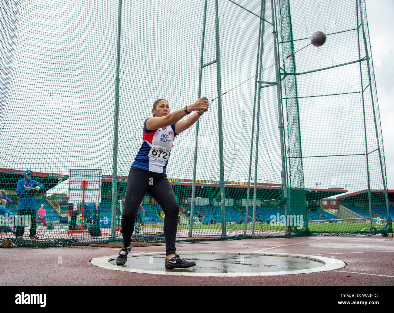 BIRMINGHAM - ENGLAND 10 AUG 2019: Janet Smith W50 competing in the W50 Hammer on Day one of the British Master’s Championships, Alexander Stadium, Bir Stock Photo