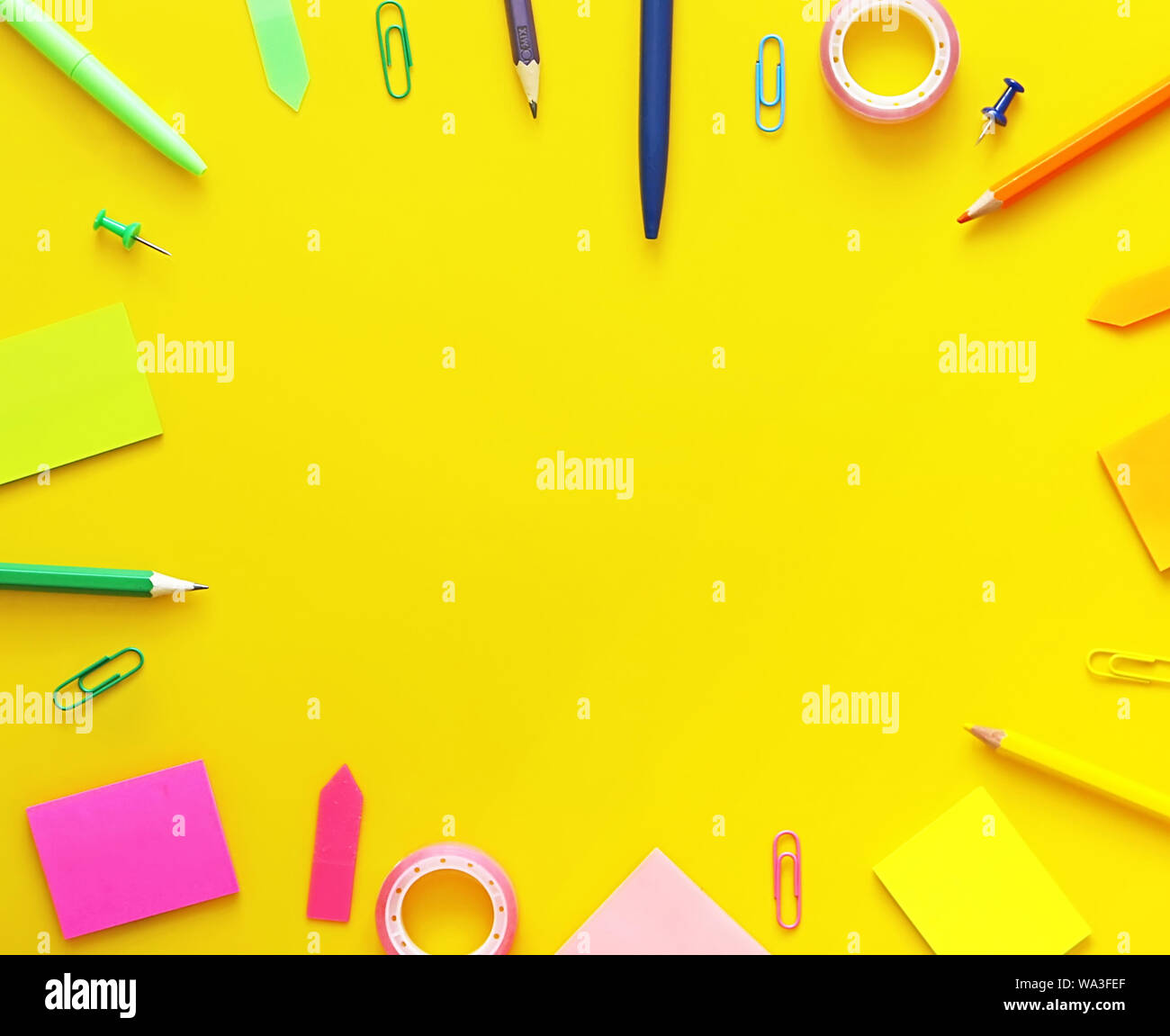 Flat lay of office, school stationery on pink background Stock Photo by  rawf8
