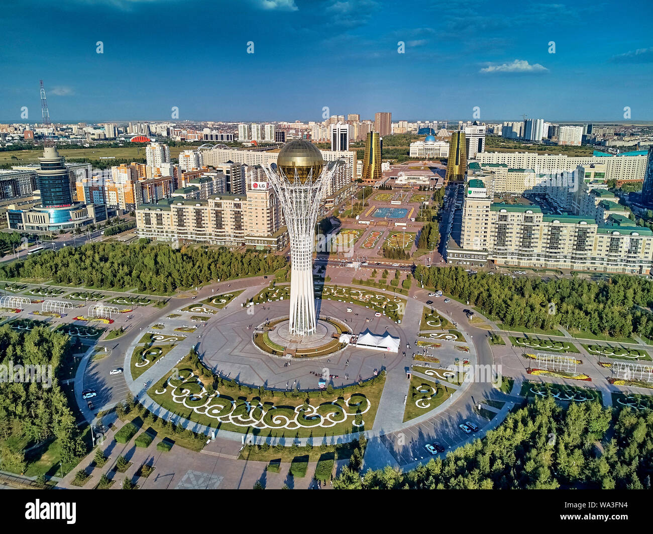 NUR-SULTAN, KAZAKHSTAN (QAZAQSTAN) - August 11, 2019: Beautiful panoramic aerial drone view to Nursultan (Astana) city center with skyscrapers and Bai Stock Photo
