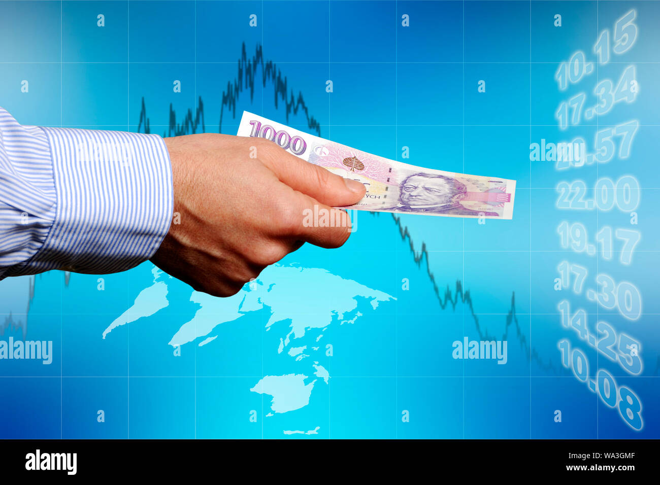 man holding a one thousand Czech crown banknote and global markets indicators, investing concept Stock Photo